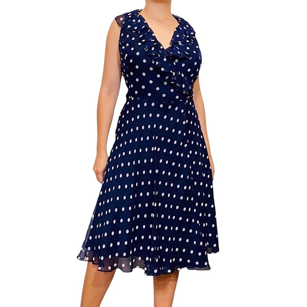 Lauren Ralph Lauren Polka Dot Wrap Dress 12 Navy Blue White Ruffle Chiffon Midi